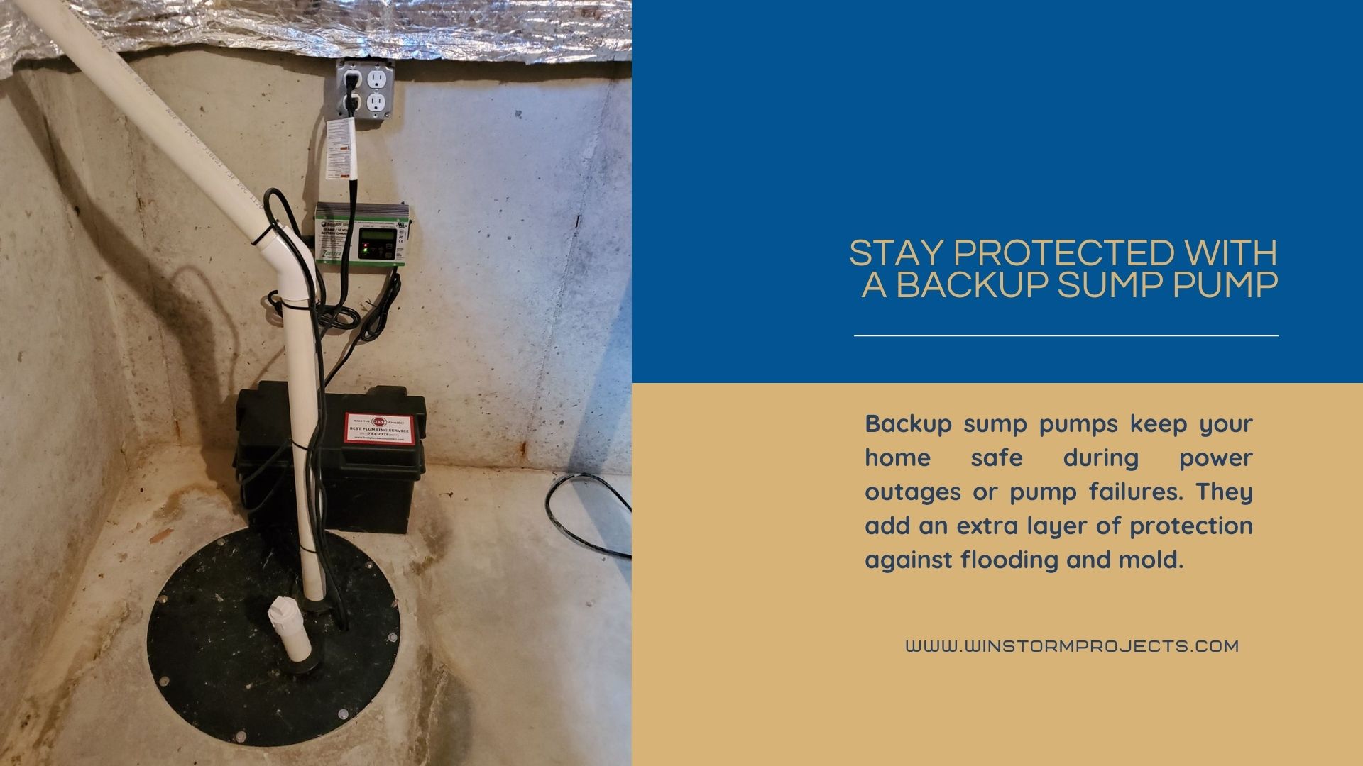 A basement sump pump system with backup battery offers protection against outages and flooding. Text discusses benefits and promotes website www.winstormprojects.com.