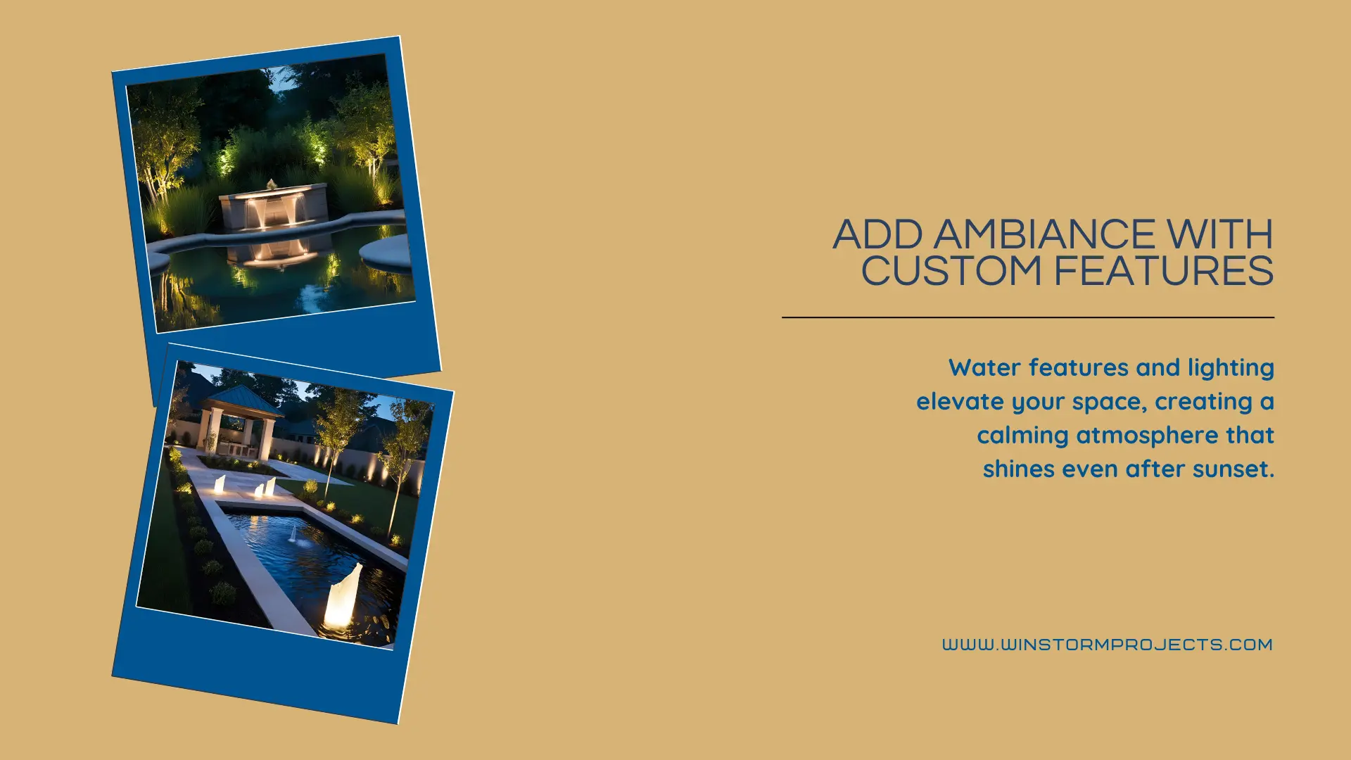Two images show elegantly lit water features in a beautifully landscaped garden, enhancing the ambiance with reflections and strategic lighting.