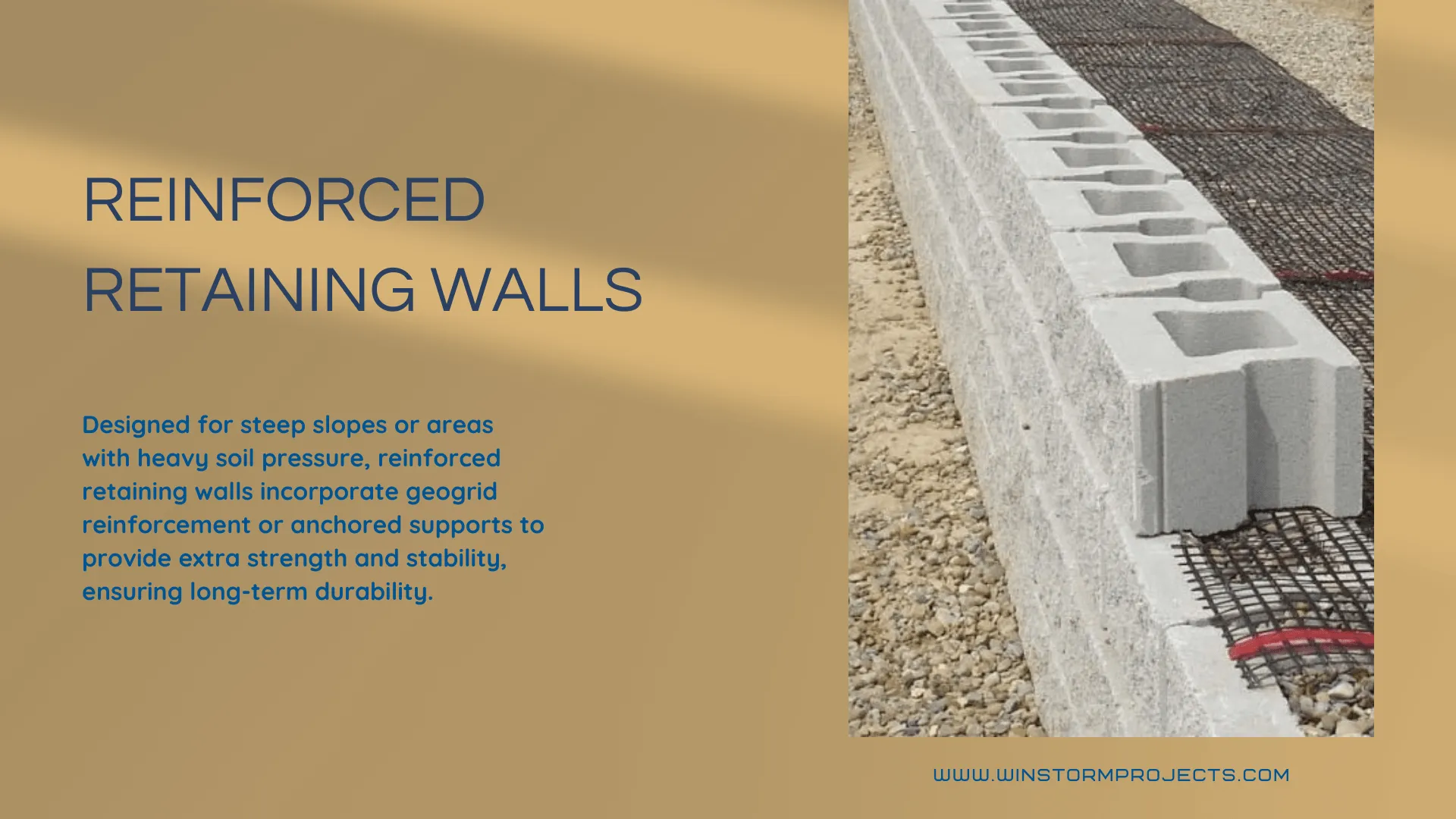 The image showcases a reinforced retaining wall construction with concrete blocks and geogrid reinforcement for stability, surrounded by gravel.