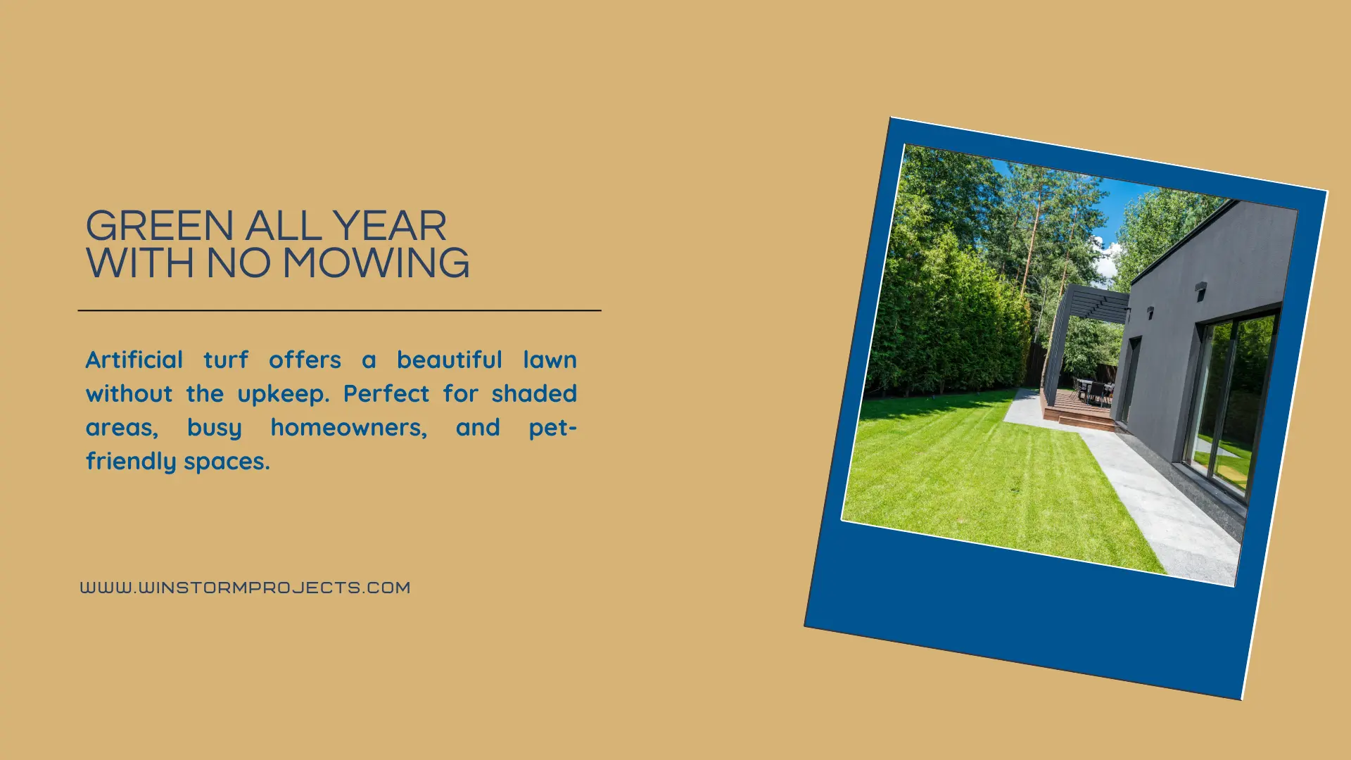 Artificial turf ad highlighting a modern house with sleek lines, large windows, and a lush, green lawn surrounded by tall trees.