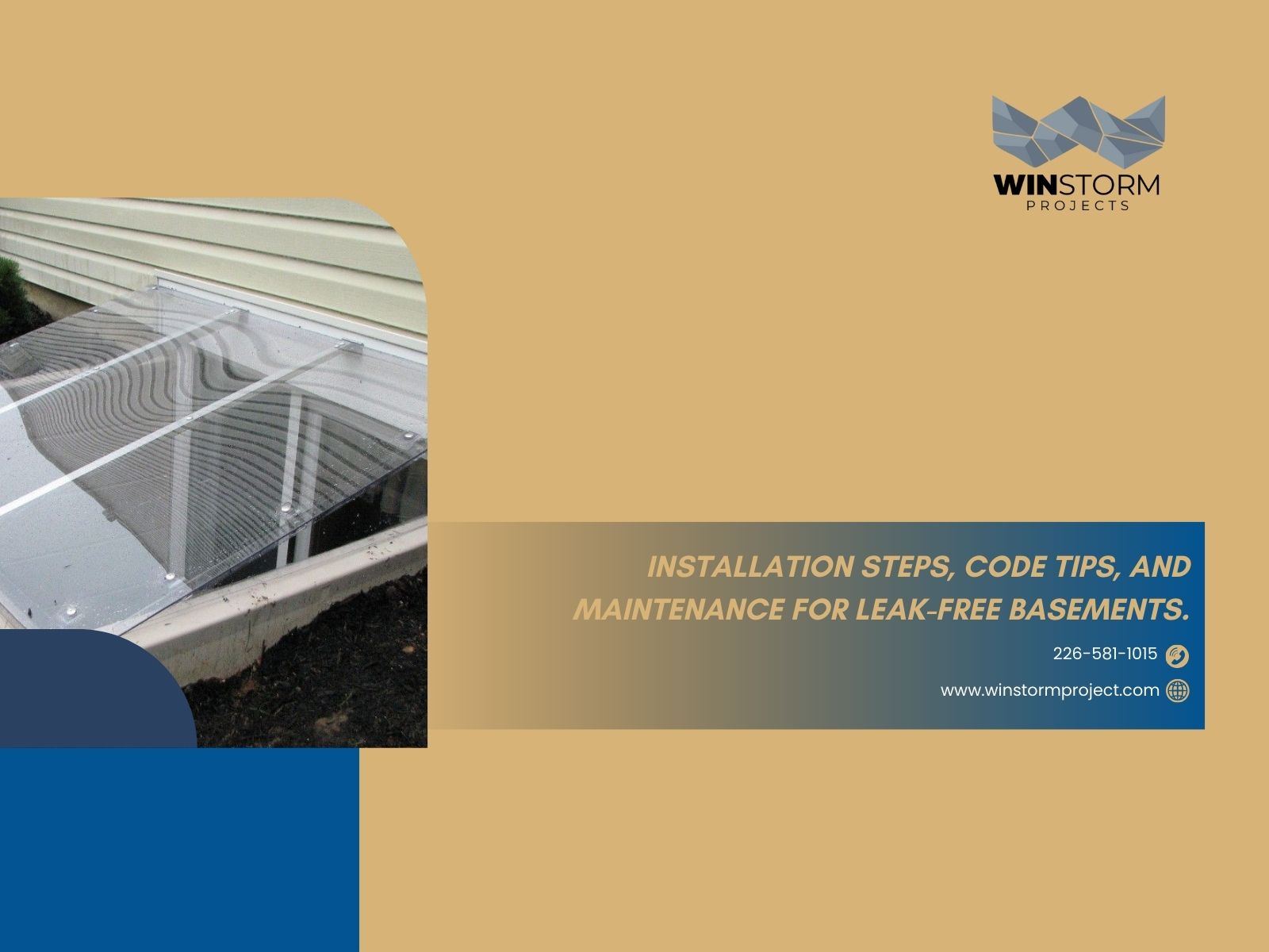 Clear plastic basement window cover, "Winstorm Projects" branding, and text about installation steps and maintenance for leak-free basements on a beige background.