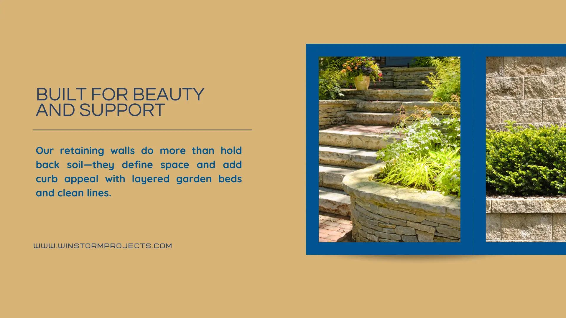 Stone retaining walls with lush greenery and colorful plants enhance outdoor aesthetics. Text promotes beauty and support benefits for gardens.