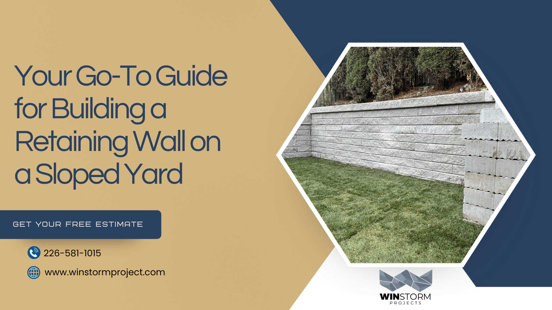 Promotional image featuring a retaining wall on grass, offering guidance for sloped yards. Includes contact details for Winstorm Projects.