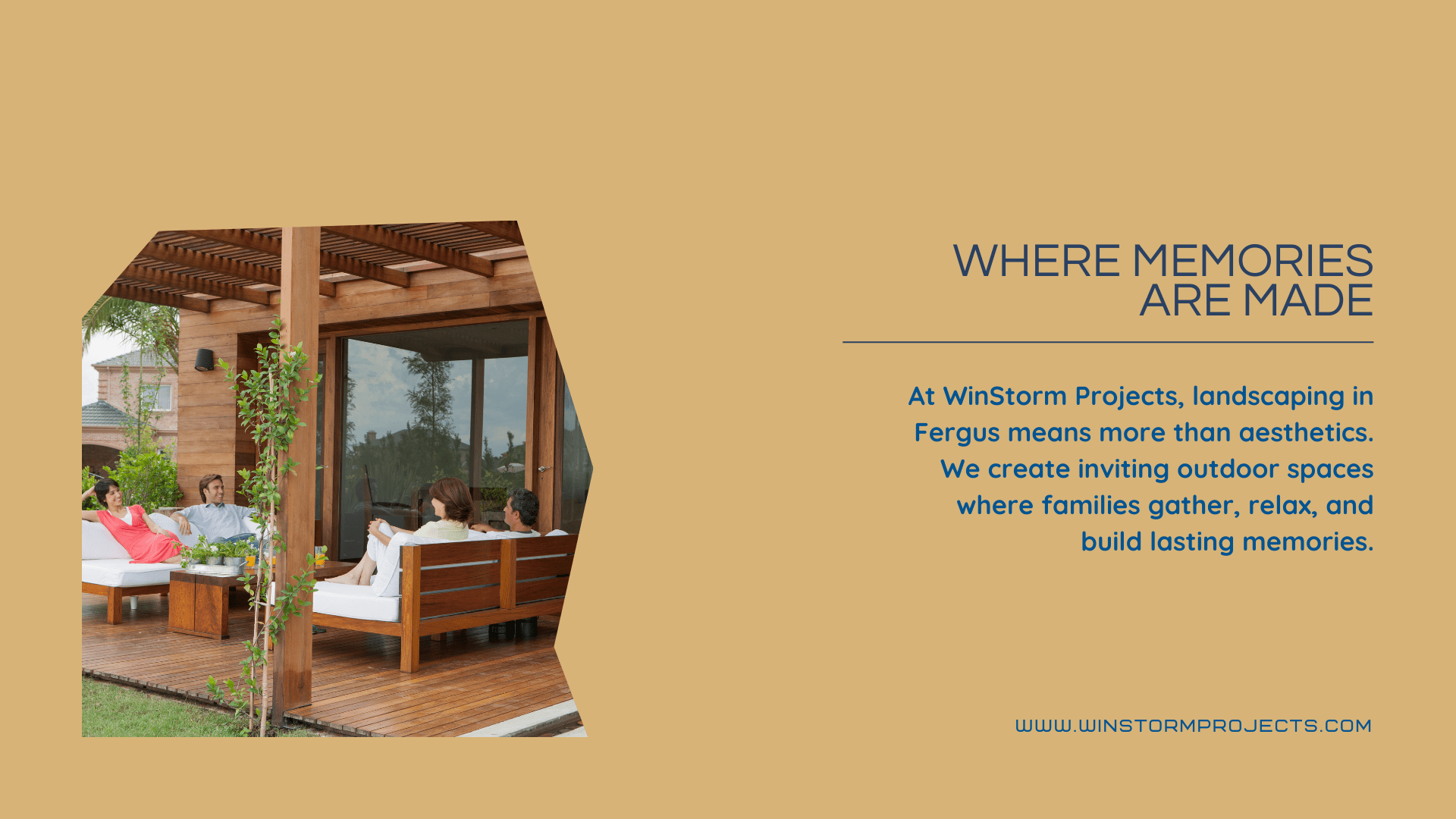 A group of people relaxes on a patio with wooden furniture under a pergola, enjoying a lush outdoor space.