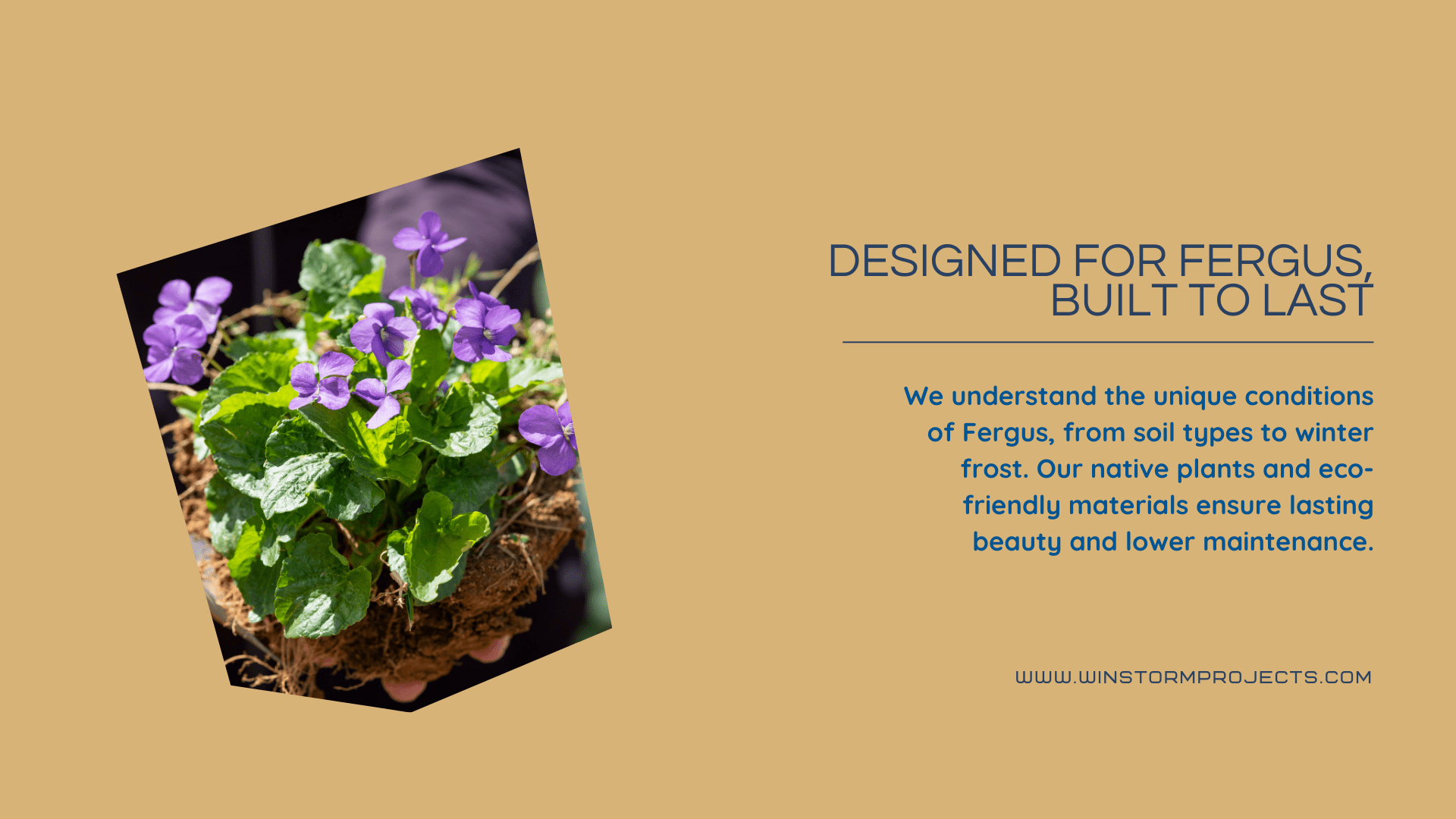 A person holds a plant with purple flowers. Text promotes eco-friendly gardening for Fergus, emphasizing durability and minimal maintenance. Website included.