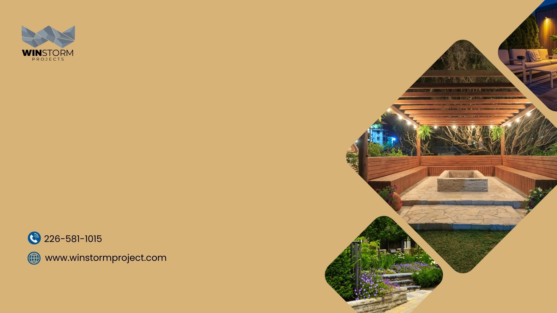 Wooden outdoor seating area with string lights, surrounded by greenery. Includes contact information for Winstorm Projects and their website on a beige background.