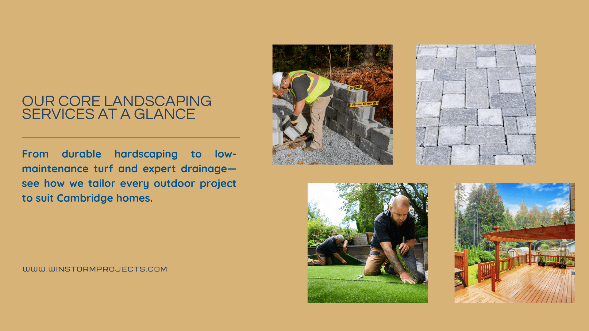 Four images depict landscaping services: a person building with bricks, paver stones, turf installation, and a wooden deck in a garden setting.