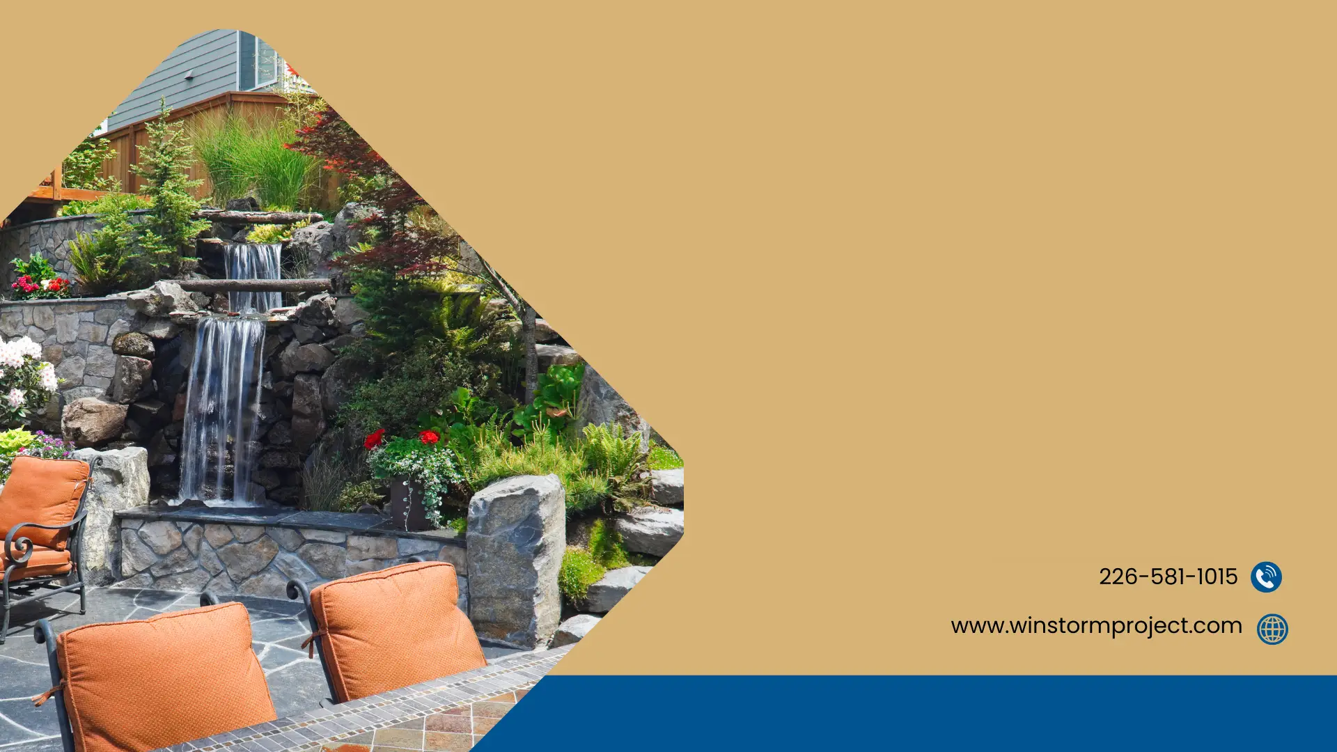 Garden with cascading waterfall, lush green plants, stone wall, and orange cushioned chairs. Contact details and website listed on beige background.