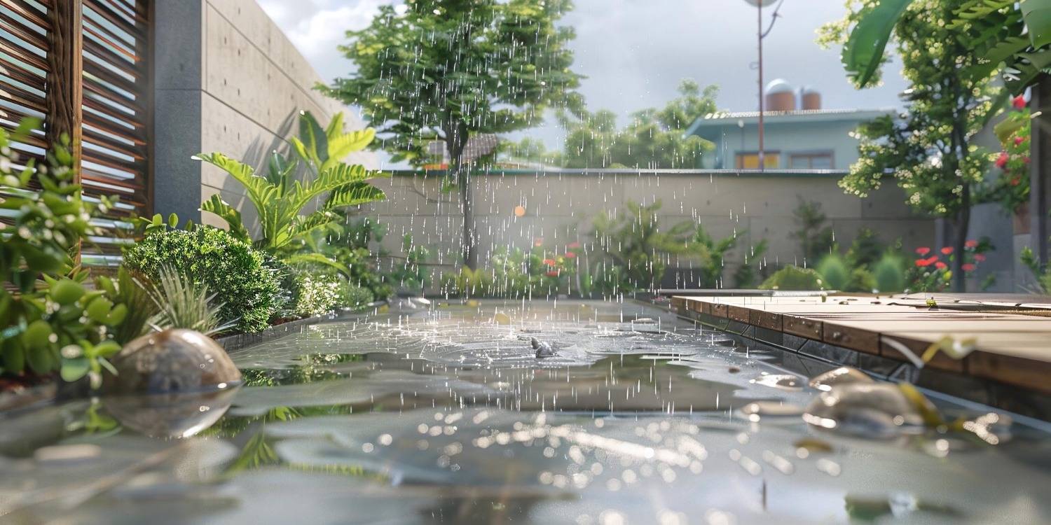 Rain falls gently on a tranquil garden, surrounded by lush greenery and a modern wooden deck, creating a serene and refreshing ambiance.