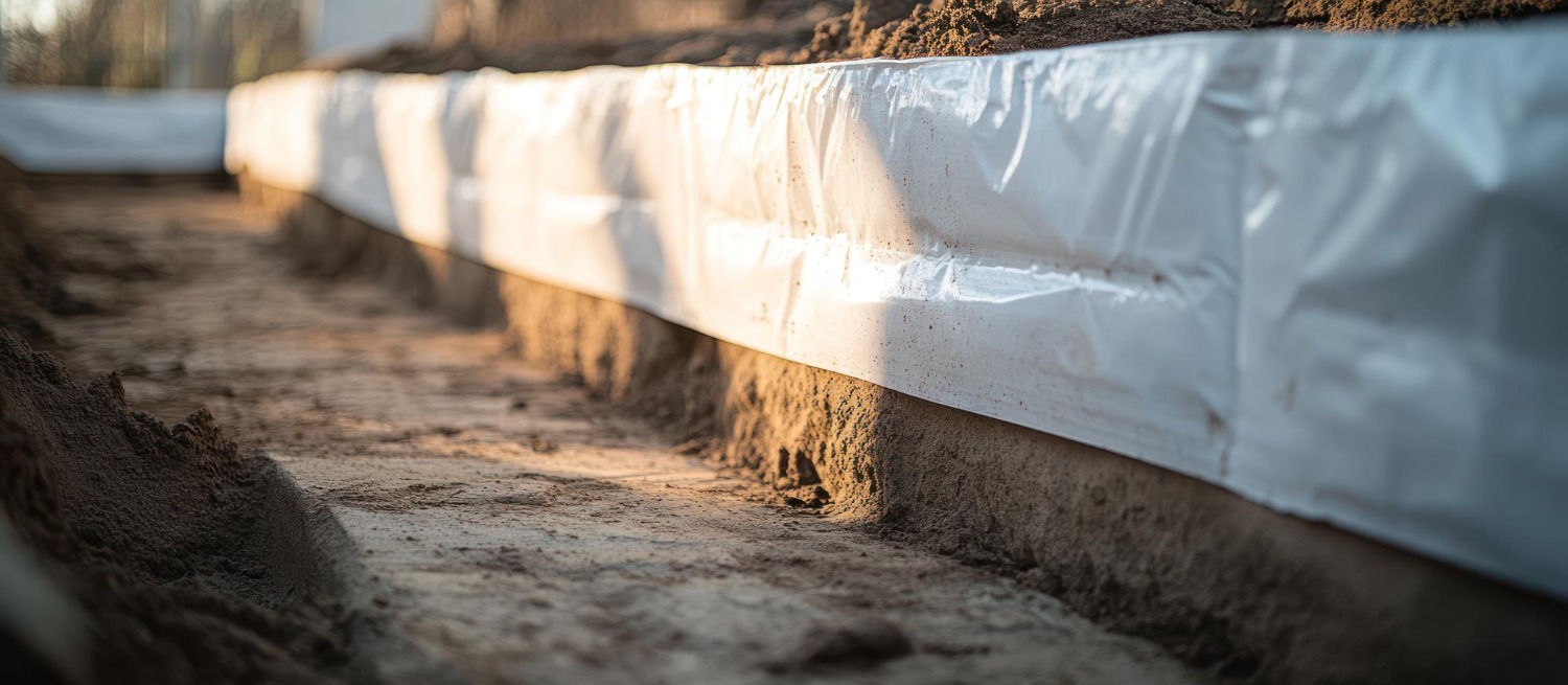 A close-up of soil-covered ground, bordered by a white plastic sheet, likely part of a construction or landscaping project. No people visible.