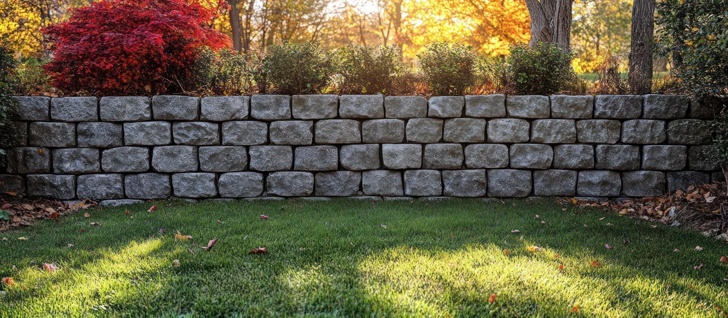 Stone retaining wall with lush greenery above and bright fall foliage in the background. Sunlight gently illuminates the grassy lawn below.