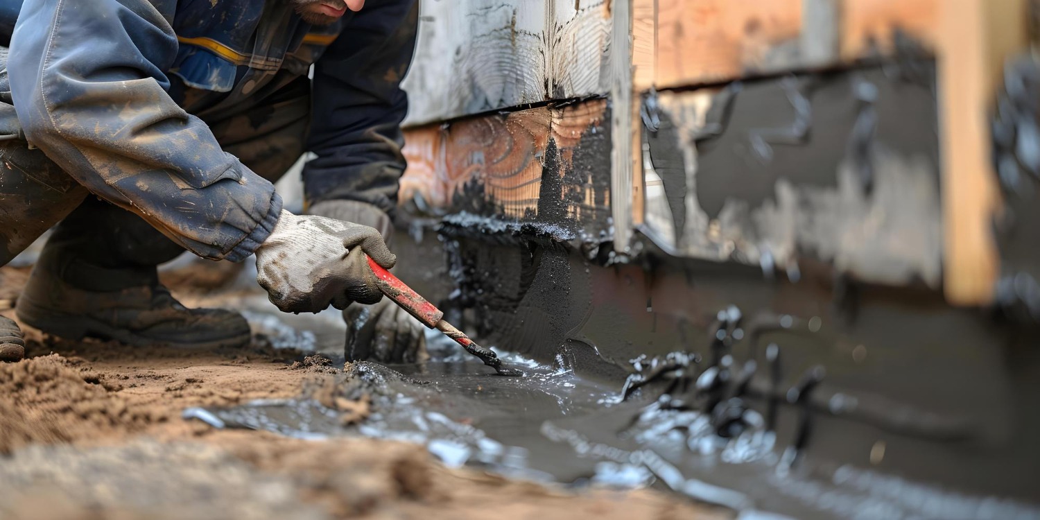 A person in a jacket applies black waterproofing material to a building foundation with a brush, surrounded by soil.