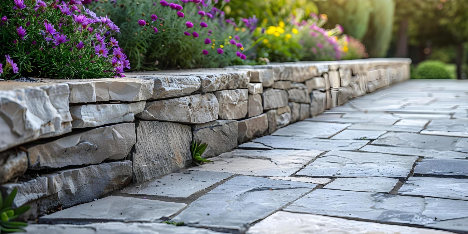 Stone pathway beside a low stone wall, adorned with vibrant purple and yellow flowers, leads through a serene garden setting.