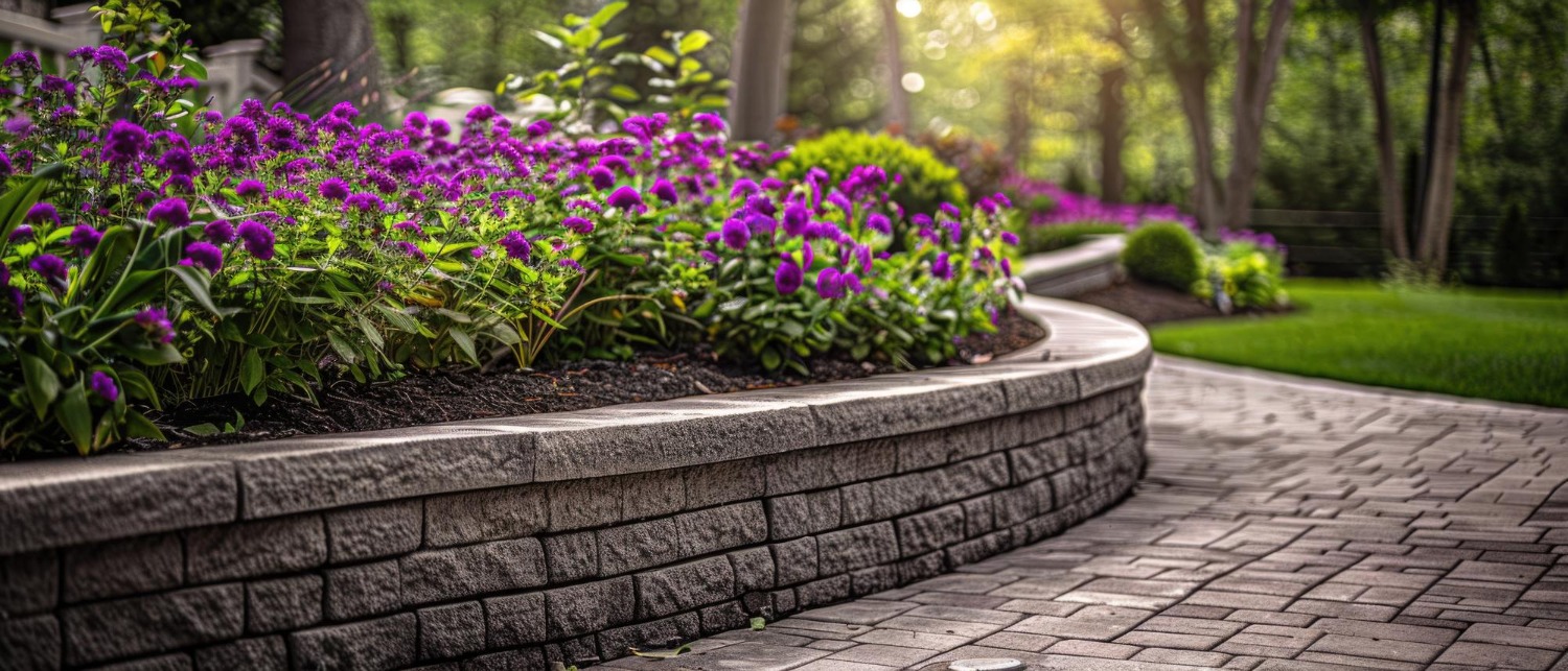 Curved stone path bordered by vibrant purple flowers and lush greenery, illuminated by soft sunlight through tall trees in a serene garden setting.