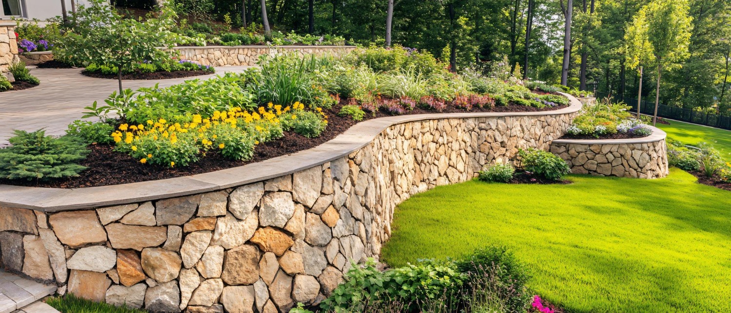 Terraced garden with stone retaining walls, featuring lush green grass, colorful flowers, and small trees, surrounded by forested area under a clear sky.
