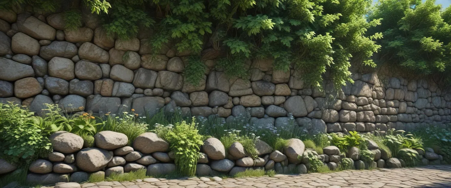 A stone wall covered with lush green foliage and a cobblestone path, creating a serene and natural outdoor setting.