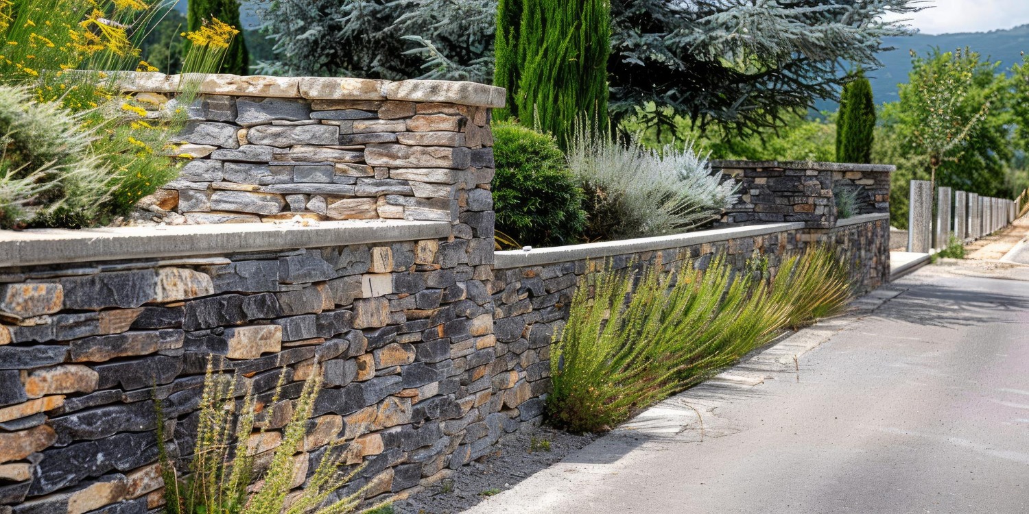 Stone wall with lush greenery lines a quiet road. Trees and shrubs enhance the natural beauty, creating a serene, picturesque landscape.