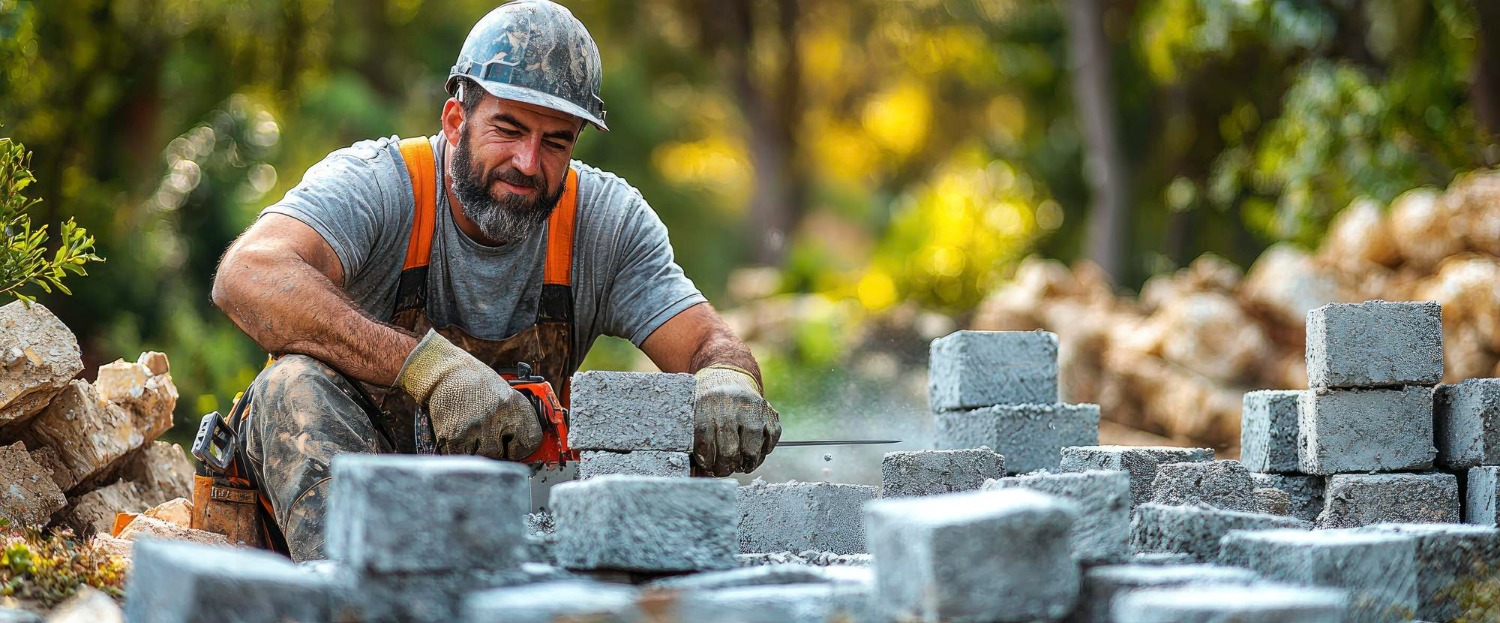 A person wearing a hard hat and gloves is cutting concrete blocks outdoors, surrounded by greenery and stacked stones.