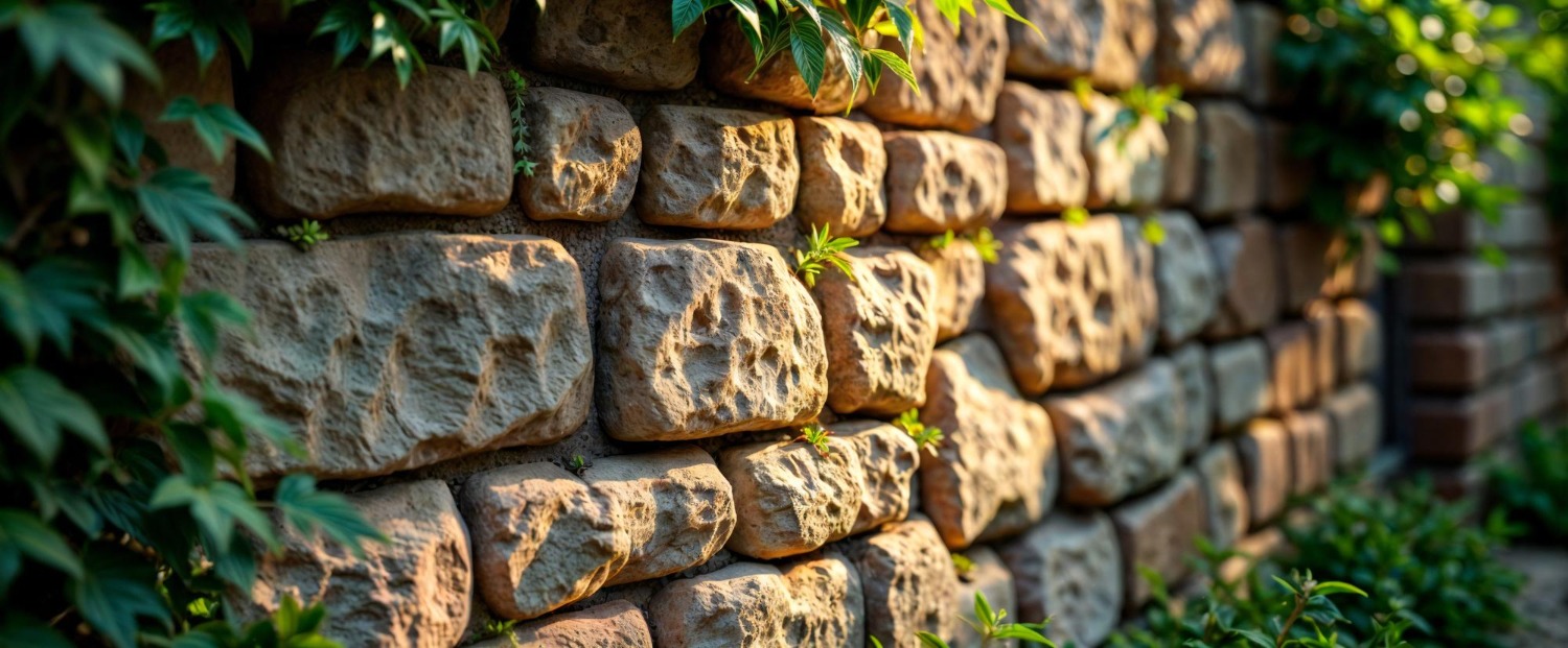 Rough stone wall adorned with green vines and leaves, basking in sunlight, creating a harmonious blend of nature and architecture.