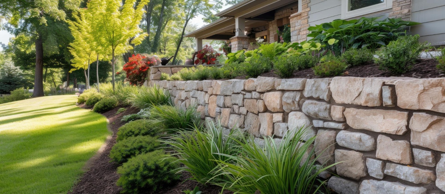 A beautifully landscaped garden with a stone retaining wall, lush greenery, vibrant flowers, and a house porch in a serene, sunny setting.