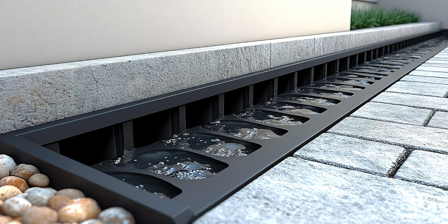 A close-up view of a modern drainage system beside a stone pathway, with water flowing. Pebbles and plants are visible nearby.