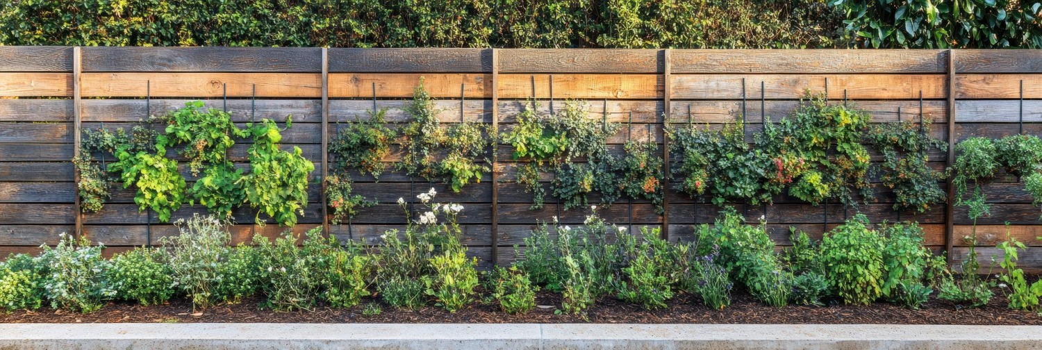 A wooden fence supports climbing plants, surrounded by neatly arranged greenery and a tidy mulch bed, creating a serene, natural garden setting.