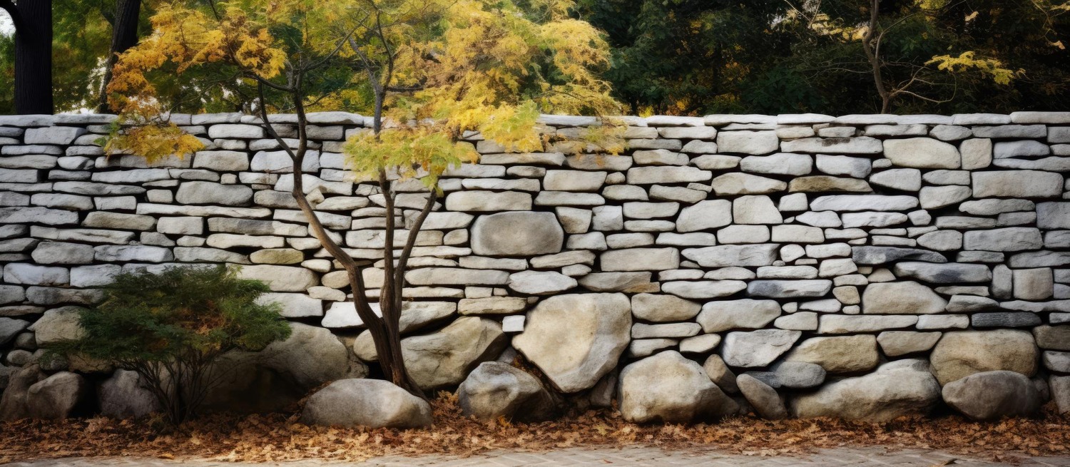 A stone wall with autumn foliage, rocks, and fallen leaves in a serene environment. No people or landmarks present.