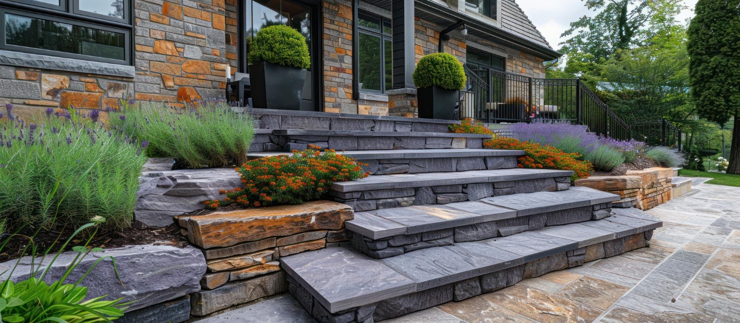 Stone steps leading to a house entrance, surrounded by lush greenery, lavender, and orange flowers. No landmarks or historical buildings present.