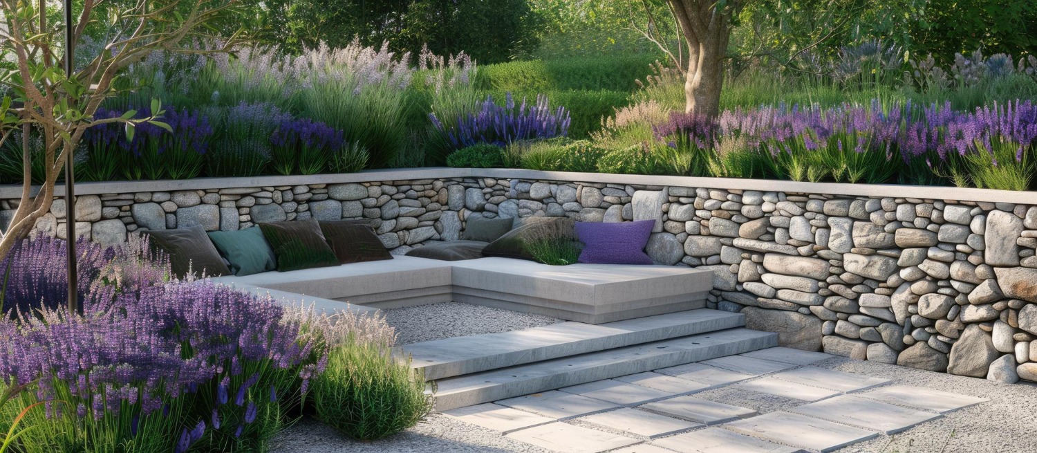Stone-walled garden with lavender plants surrounds a cozy seating area featuring cushions and minimalistic steps, under the shade of trees.